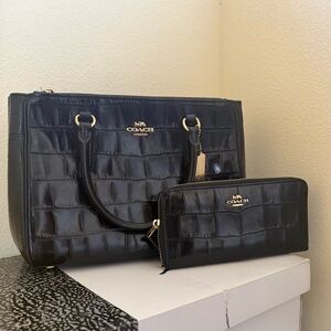 Coach Black Croc-Embossed Satchel and Wallet Set